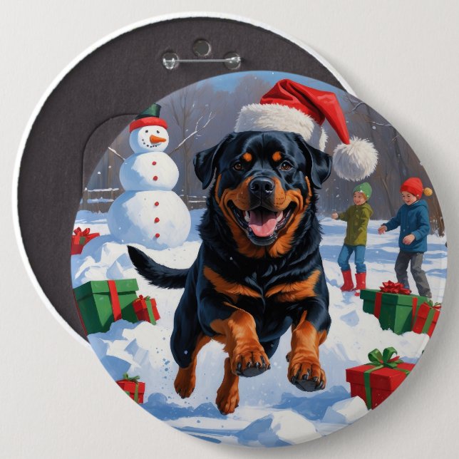 Rottweiler Running in Snow with Christmas Hat 6 Cm Round Badge (Front & Back)
