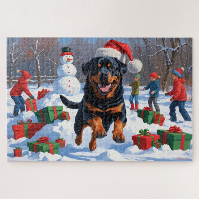 Rottweiler Running in Snow with Christmas Hat Jigsaw Puzzle (Horizontal)