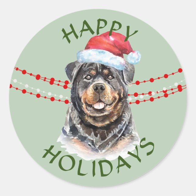 Rottweiler Santa Hat Happy Holidays Classic Round Sticker (Front)