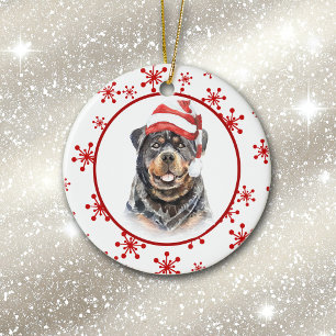 Rottweiler Santa Hat Red Snowflake Christmas Ceramic Ornament