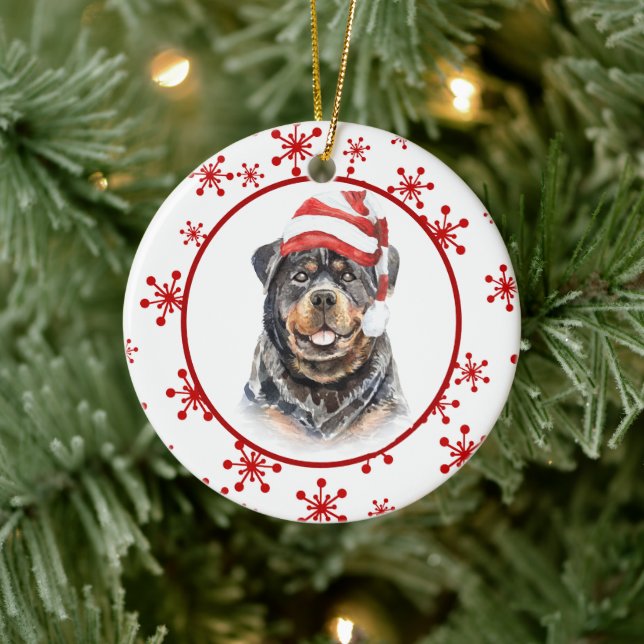Rottweiler Santa Hat Red Snowflake Christmas Ceramic Ornament (Tree)