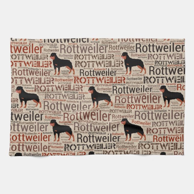 Rottweiler silhouette and word art pattern tea towel (Horizontal)