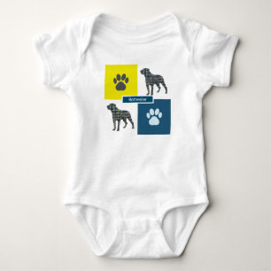 Rottweiler Silhouette Dog & Paw Yellow & Blue Grid Baby Bodysuit