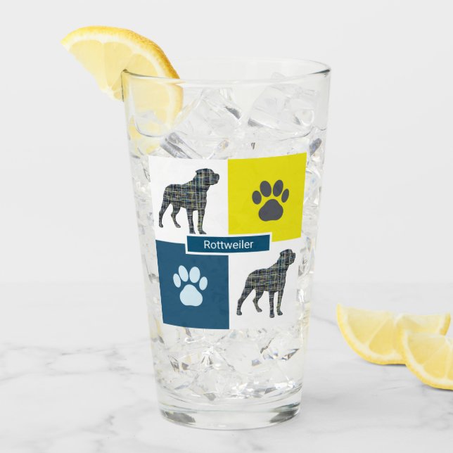Rottweiler Silhouette Dog & Paw Yellow & Blue Grid Glass (Front Ice)