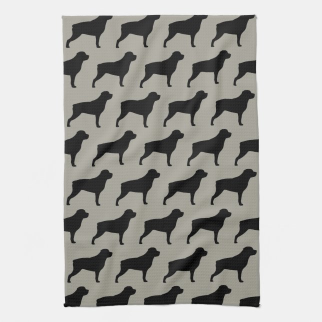 Rottweiler Silhouettes Pattern Grey Tea Towel (Vertical)