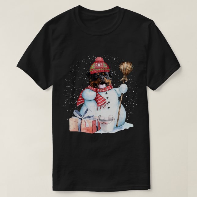 Rottweiler Snowman Snow Night Christmas Dog Lover  T-Shirt (Design Front)