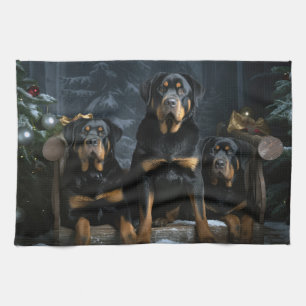 Rottweiler Snowy Sleigh Christmas Decor Tea Towel