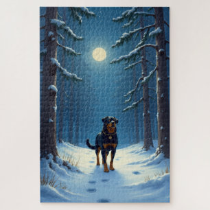 Rottweiler Starry Forest Hike Christmas Painting Jigsaw Puzzle