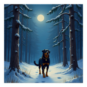 Rottweiler Starry Forest Hike Christmas Painting Poster