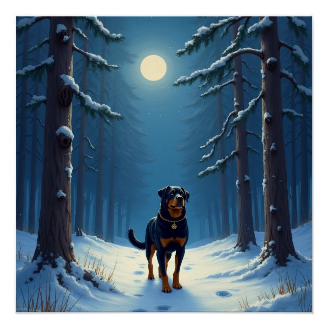 Rottweiler Starry Forest Hike Christmas Painting Poster (Front)