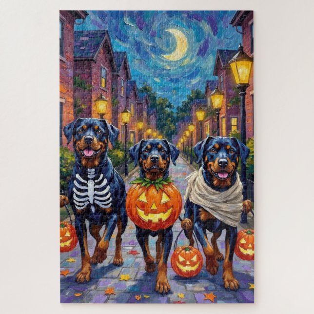 Rottweiler Trick-or-Treating In Halloween Costumes Jigsaw Puzzle (Vertical)