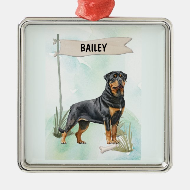 Rottweiler Watercolor Personalised Dog Metal Ornament (Front)