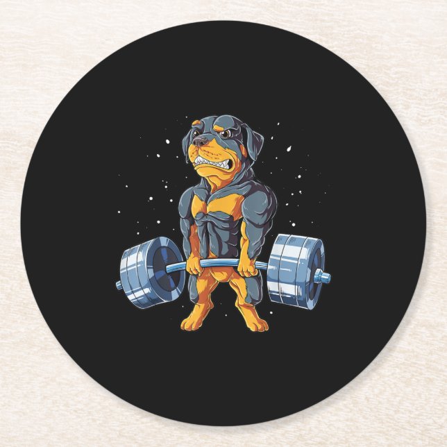Rottweiler Weightlifting Funny Deadlift Men Fitnes Round Paper Coaster (Front)