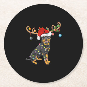 Rottweiler Xmas Gift Santas Reindeer Rottweiler Round Paper Coaster
