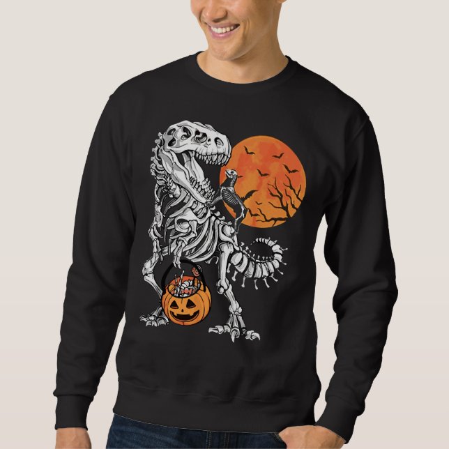 Rottweilers Riding Dinosaur Skeleton Pumpkin Hallo Sweatshirt (Front)