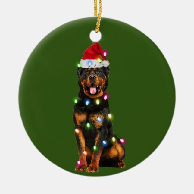 Rottweilers With Christmas Scafts Santa Hat Ceramic Ornament (Front)