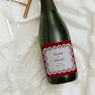 Rouge Red Old Money Lace Wedding Sparkling Wine Label