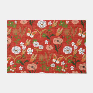 Rough Bamboo Floral Butterfly Shamrocks in Red Doormat