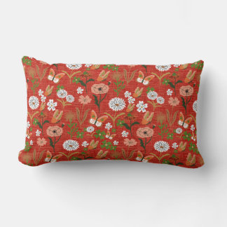 Rough Bamboo Floral Butterfly Shamrocks in Red Lumbar Cushion