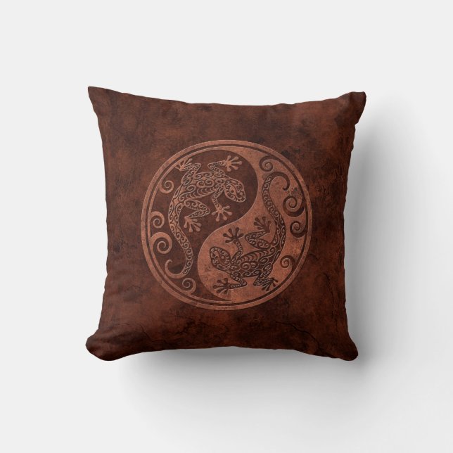 Rough Brown Stone Yin Yang Geckos Cushion (Front)