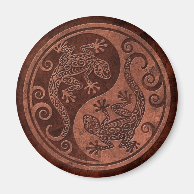 Rough Brown Stone Yin Yang Geckos Magnet (Front)