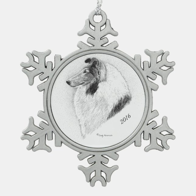 Rough Coat Collie Pen and Ink By Cindy Alvarado Snowflake Pewter Christmas Ornament (Front)