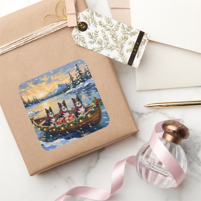 Rough Collie Christmas Boat Holiday Square Sticker (Gifting)