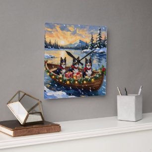 Rough Collie Christmas Boat Holiday Square Wall Clock