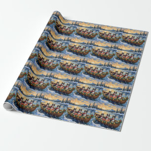 Rough Collie Christmas Boat Holiday Wrapping Paper