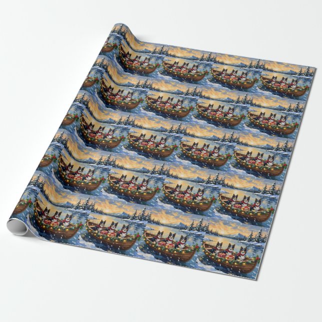 Rough Collie Christmas Boat Holiday Wrapping Paper (Unrolled)