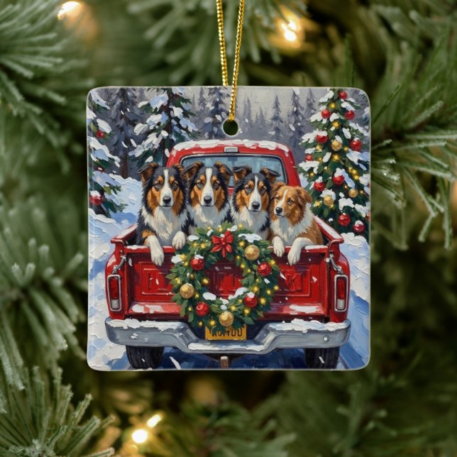 Rough Collie Christmas Red Truck Holiday Ceramic Ornament (Tree)