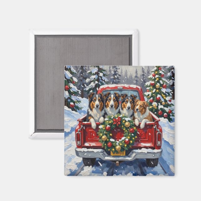 Rough Collie Christmas Red Truck Holiday Magnet (Front/Back)