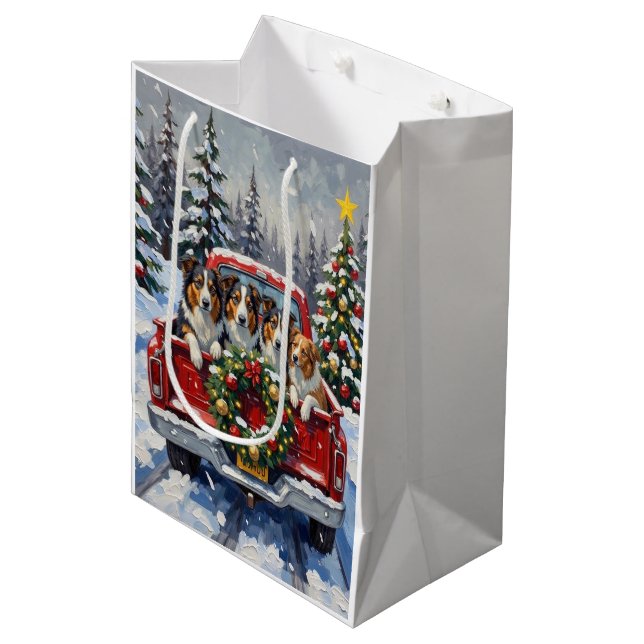 Rough Collie Christmas Red Truck Holiday Medium Gift Bag (Front Angled)