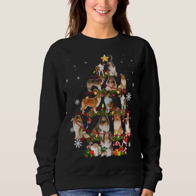 Rough Collie Christmas Tree Lights Funny Dog Xmas  Sweatshirt (Front)