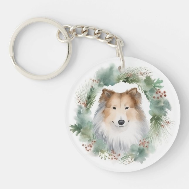 Rough Collie Christmas Wreath Festive Pup  Key Ring (Front)