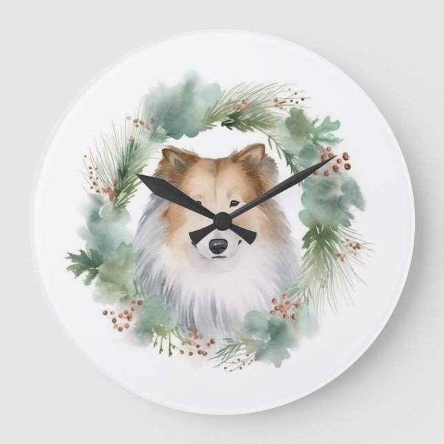 Rough Collie Christmas Wreath Festive Pup  Large Clock (Front)