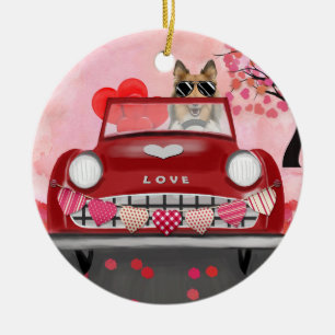 Rough Collie Dog Car with Hearts Valentine's Ceramic Ornament