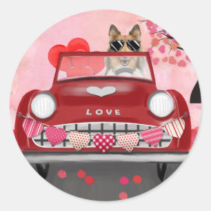 Rough Collie Dog Car with Hearts Valentine's  Classic Round Sticker