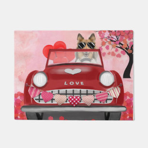 Rough Collie Dog Car with Hearts Valentine's Doormat