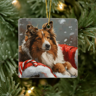 Rough Collie Dog Christmas Festive Ceramic Ornament