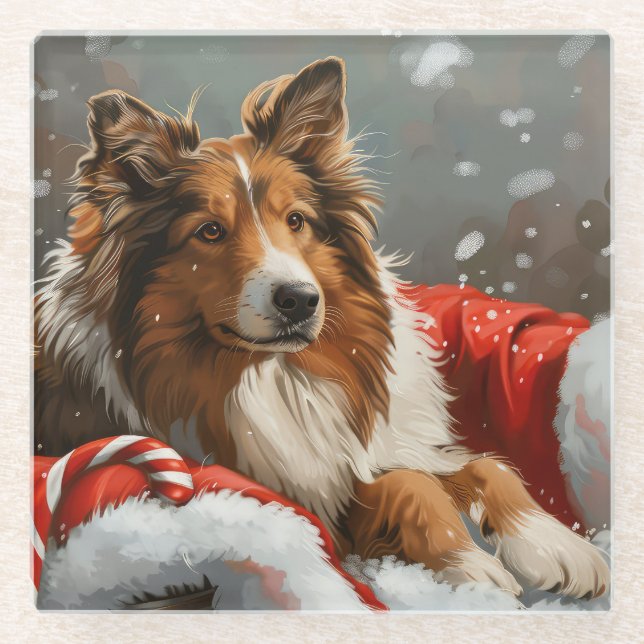 Rough Collie Dog Christmas Festive Glass Coaster (Front)