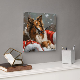 Rough Collie Dog Christmas Festive Square Wall Clock
