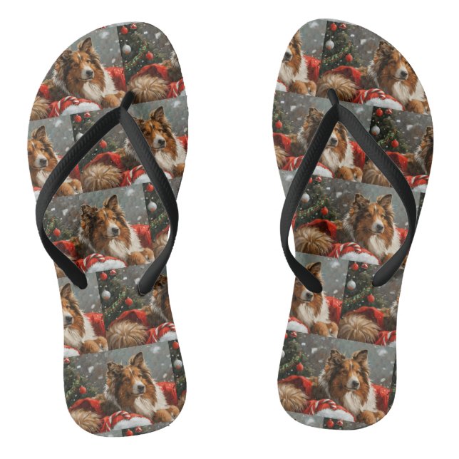 Rough Collie Dog Christmas Festive Thongs (Footbed)