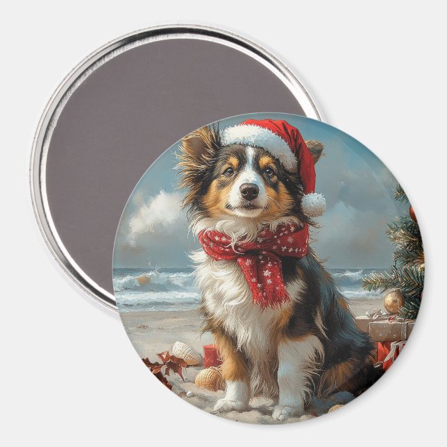 Rough Collie Dog Christmas Vintage Beach  Magnet (Front/Back)