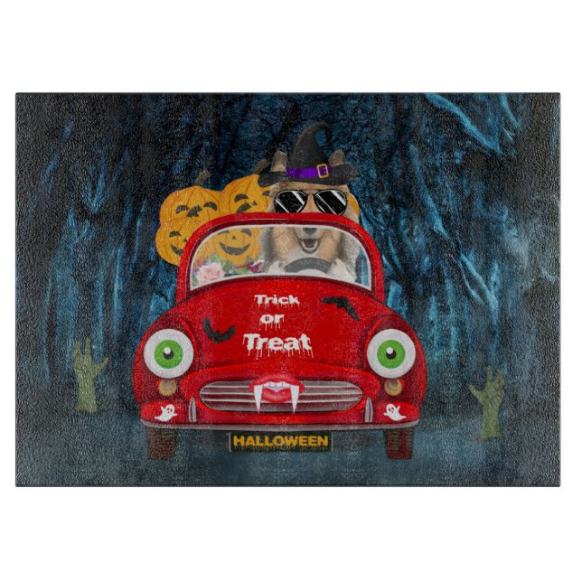 Rough Collie Dog Driving Car Scary Halloween Cutting Board (Front)