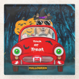 Rough Collie Dog Driving Car Scary Halloween Glass Coaster