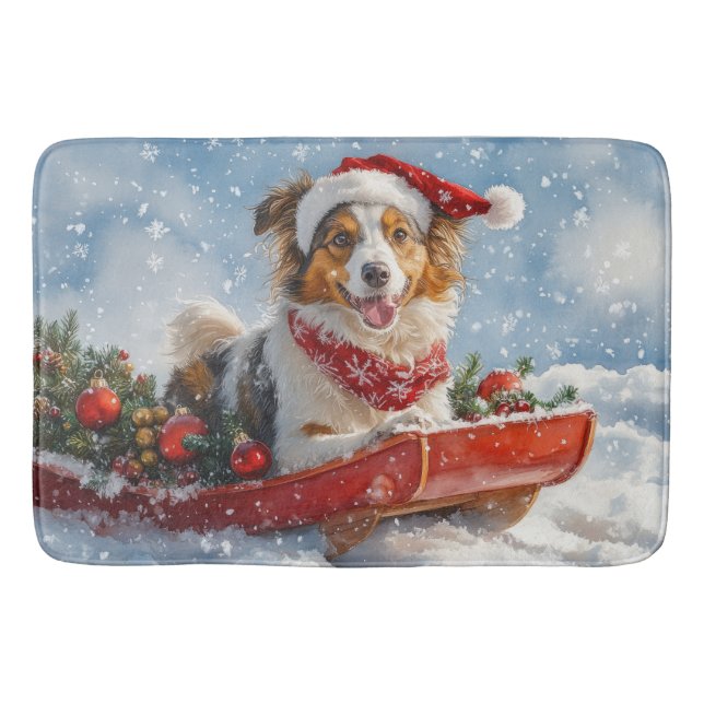 Rough Collie Dog in Sledge Let it Snow Christmas Bath Mat (Front)