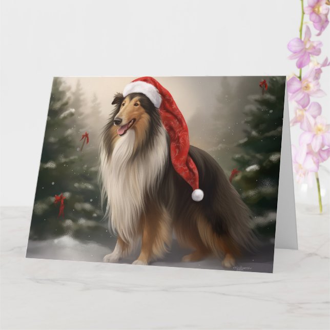 Rough Collie Dog in Snow Christmas Card (Orchid)