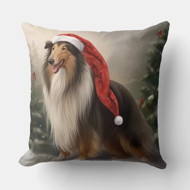Rough Collie Dog in Snow Christmas Cushion (Front)