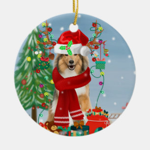 Rough Collie Dog in Snow Christmas Gift Ceramic Ornament